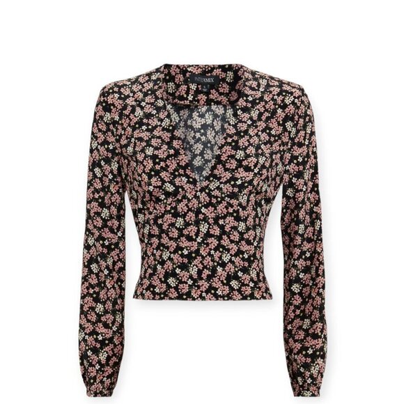 INTERMIX 100% Silk Floral Blouse Black V-Neck P/S - Picture 14 of 14